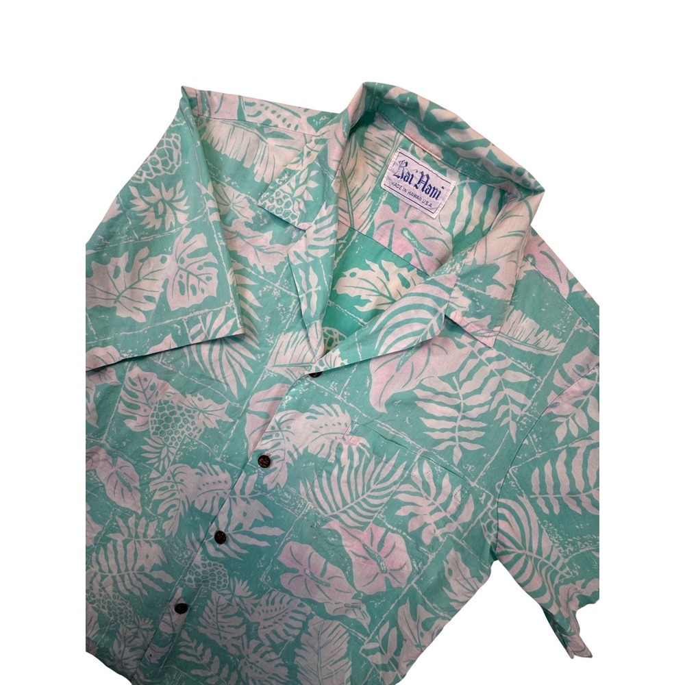 Kai Nani Hawaiian Shirt Mens L Teal Vintage Tropical Pineapple Coconut Button